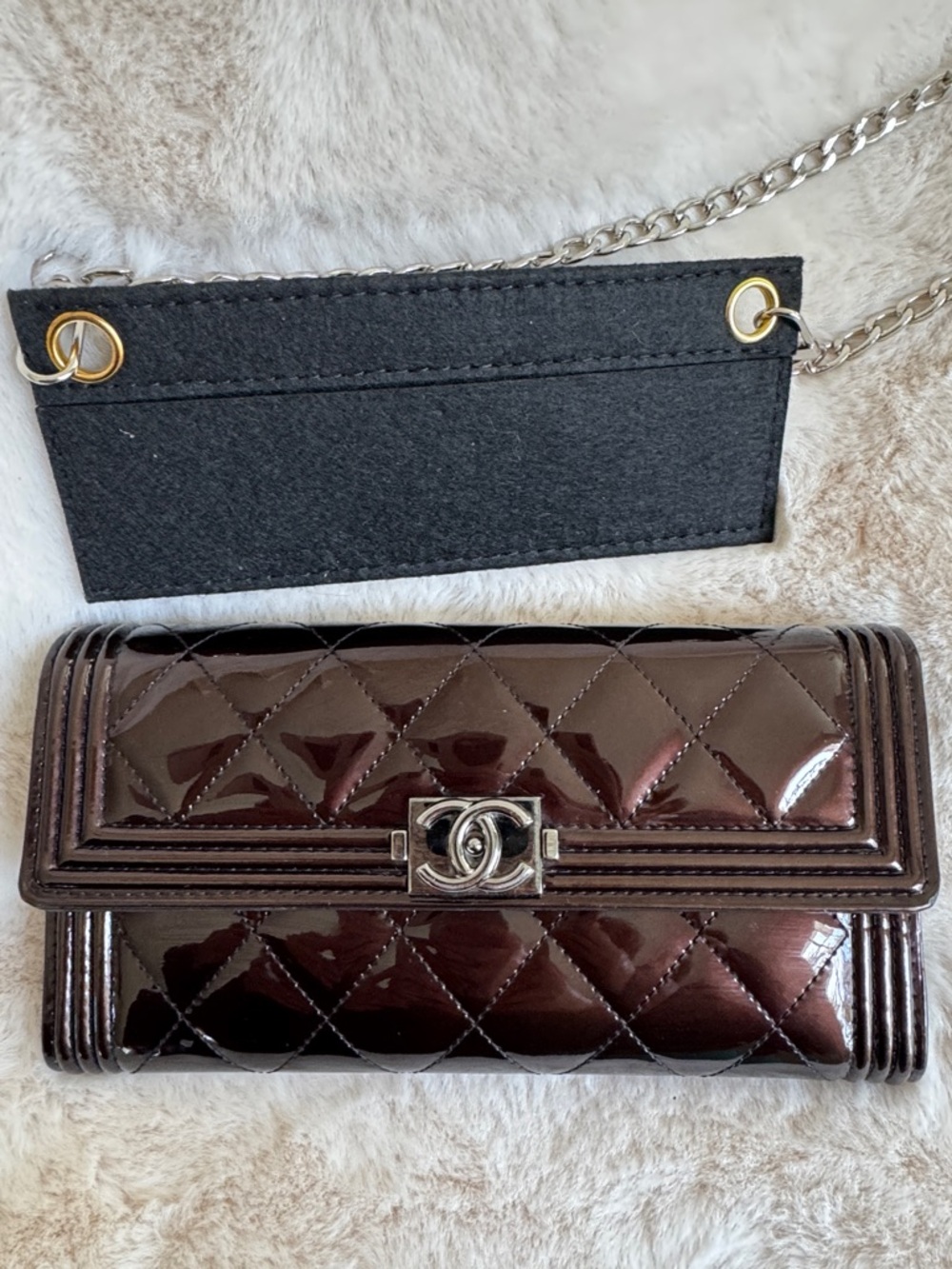 CHANEL Quilted Patent Leather Boy Wallet on chain w/insert in Deep Brown - Picture 11 of 16